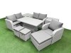 Fimous High Back Poly Rattan Garden Furniture Set with Reclining Chair Loveseat Sofa Adjustable Lifting Dining or Coffee Table Indoor Outdoor Patio Set 3 Stools 2 Side Table Light Grey