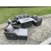 Fimous PE Wicker Outdoor Rattan Garden Furniture Set Propane Gas Fire Pit Table and Sofa Chair set with Big Footstool
