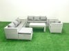 Fimous Wicker PE Rattan Sofa Garden Furniture Set with Oblong Coffee Table Armchair Big Footstool 2 Side Tables Light Grey Mixed
