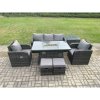 Fimous Outdoor Rattan Garden Furniture Set Propane Gas Fire Pit Table Burner with Lounge Sofa Side Tables 2 Small Footstool