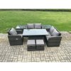 Fimous Wicker PE Rattan Furniture Garden Dining Set Outdoor Height Adjustable Rising lifting Table Love Sofa With Reclining Chair 2 Side Tables 2 Small Footstools