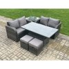 Fimous Outdoor Rattan Furniture Garden Dining Set Height Adjustable Rising lifting Table Love Sofa Set With Side Table 2 Small Footstool Dark Grey Mixed