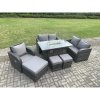 Fimous Outdoor Sofa Rattan Garden Furniture Set Patio Gas Fire Pit Dining Table and Reclining Chair set with 3 Footstools Dark Grey Mixed