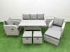 Fimous PE Rattan Garden Furniture Set Reclining Chair Sofa Lounge Sofa Set Rectangular Dining Table 2 Side Table 3 Stools Light Grey