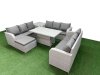 Fimous PE Rattan Lounge Sofa Set 10 Seater Outdoor Garden Furniture Set with Adjustable Lifting Dining or Coffee Table 3 Seater Sofa Big Footstool Side Table Light Grey