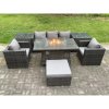 Fimous 6 Seater Outdoor PE Rattan Garden Furniture Set Gas Fire Pit Dining Table Gas Heater Burner With 2 Armchairs 2 Side Tables Big Footstool Dark Grey Mixed