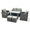 Fimous Outdoor Garden Furniture Set Rattan Sofa Dining Table Set with Reclining Chair 2 Small Footstool Dark Grey Mixed