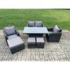 Fimous Wicker PE Rattan Furniture Garden Dining Set Outdoor Height Adjustable Rising lifting Table Love Sofa Chair With 3 Stools