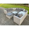 Fimous Light Grey Outdoor PE Rattan Garden Furniture Set Wicker Sofa Set Square Coffee Table 2 Armchair 2 Side Table 9 Seat