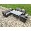 Fimous 7 Seater Outdoor Rattan Garden Furniture Sets Height Adjustable Rising lifting Dining Table Sofa Set with Reclining Chair Dark Grey Mixed