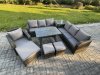 Fimous Wicker 8 Pieces Rattan Garden Furniture Sofa Set with Rectangular Dining Table Armchair 3 Footstools Side Table Dark Grey Mixed