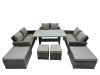 Fimous 10 Seater Wicker PE Rattan Furniture Outdoor Dining Table Double Seat Sofa 4 Stools Set Dark Grey Mixed