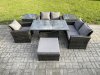 Fimous 7pcs Rattan Outdoor Garden Furniture Set Height Adjustable Rising Lifting Table Sofa Dining Set with 2 Side Tables Big Footstool Dark Grey Mixed