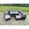 Fimous 9 Seater Rattan Garden Furniture Set Gas Fire Pit Dining Table Reclining Chair 3 Seater Sofa Set Indoor Outdoor with 2 Side Tables 2 Big Footstool