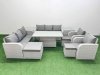 Fimous PE Rattan High Back Lounge Sofa Set Patio Adjustable Lifting Dining or Coffee Table & Chairs Set with 3 Seater Sofa Reclining Chair 3 Stools 2 Side Table Light Grey