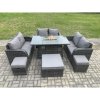 Fimous 9 Seater Outdoor Rattan Furniture Garden Dining Set Gas Fire Pit Table with Love Sofa 3 Footstools Dark Grey Mixed