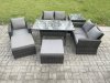 Fimous Outdoor Garden Dining Set Wicker PE Rattan Furniture Sofa with Rectangular Dining Table Double Seat Sofa Side Table 2 Big Footstool Dark Grey Mixed