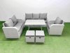 Fimous Rattan High Back Lounge Sofa Set Patio Dining Table & Chairs Set with 3 Seater Sofa Reclining Chair 2 Small Stool Light Grey