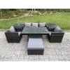 Fimous 6 Seater Rattan Garden Furniture Sofa Set Outdoor Adjustable Rising Lifting Dining Table Set with 2 Armchairs 2 Side Tables Big Footstool Tables Dark Grey Mixed