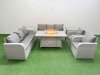 Fimous PE Rattan High Back Lounge Sofa Set Patio Firepit Dining Table & Chairs Set with 3 Seater Sofa Reclining Chair 2 Side Table Light Grey
