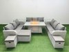Fimous PE Rattan Lounge Sofa Set 12 Seater Outdoor Garden Furniture Set with Firepit Dining Table 3 Seater Sofa 3 Stools 2 Side Table Light Grey
