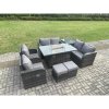 Fimous 8 Seater Rattan Garden Furniture Set Propane Gas Fire Pit Table and Sofa Chair set with Side Tables 2 Small Footstools