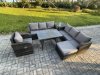 Fimous Outdoor Lounge Sofa Set Wicker PE Rattan Garden Furniture Set with Rectangular Dining Table Reclining Chair Big Footstool Side Table Dark Grey Mixed