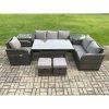 Fimous 8 Seater Garden Rattan Furniture Dining Table Sofa Set Indoor Outdoor with Reclining Chairs 2 Side Tables 2 Small Footstools Dark Grey Mixed