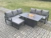 Fimous Aluminium 7 Seater Outdoor Garden Furniture Lounge Sofa Set Gas Fire Pit Dining Table with Big Footstool Dark Grey