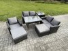 Fimous Garden Dining Set Wicker PE Rattan Outdoor Furniture Sofa with Rectangular Dining Table Double Seat Sofa Side Table 2 Big Footstool Dark Grey Mixed
