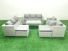 Fimous Outdoor Garden Furniture Rattan Sofa Set with 2 Armchairs Oblong Coffee Table 2 Big Footstools Side Table Light Grey Mixed