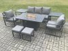 Fimous Aluminium Patio Outdoor Garden Furniture Lounge Sofa Set Gas Fire Pit Dining Table with 2 Side Tables 2 Small Footstools Dark Grey