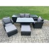 Fimous Rattan Furniture Outdoor Garden Dining Sets Patio Height Adjustable Rising lifting Table Love Sofa Chair Set With 2 Side Tables Stools