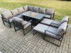 Fimous Aluminium 12 Seater Garden Furniture Outdoor Set Patio Lounge Sofa Gas Fire Pit Dining Table Set with 3 Chair 2 Big Footstools Dark Grey