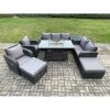Fimous 9 Seater PE Wicker Outdoor Rattan Garden Furniture Set Propane Gas Fire Pit Table and Sofa Chair set with Side Table 2 Big Footstool