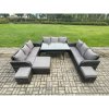 Fimous Patio Rattan Garden Furniture Set with Oblong Rectangular Dining Table 3 Footstools 12 Seater Outdoor Lounge Sofa Set Dark Grey Mixed