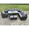 Fimous 9 Seater Wicker Rattan Garden Furniture Set Gas Fire Pit Dining Table Reclining Chair 3 Seater Sofa Set Indoor Outdoor with Side Table 2 Small Footstools