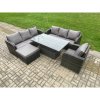Fimous 8 Seater Outdoor Rattan Garden Furniture Sets Height Adjustable Rising lifting Dining Table Sofa Set with Reclining Chair Big Footstool Dark Grey Mixed