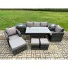 Fimous 9 Pcs Rattan Outdoor Garden Furniture Set Rectangular Dining Table and Chair Sofa Set With 2 Side Tables 3 Footstools Dark Grey Mixed