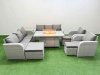 Fimous PE Rattan High Back Lounge Sofa Set Patio Firepit Dining Table & Chairs Set with 3 Seater Sofa Reclining Chair 3 Stools Side Table Light Grey