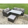 Fimous Outdoor Garden Patio Furniture Wicker Rattan Oblong Rectangular Dining Table and Lounge Sofa set with Big Footstool Dark Grey Mixed
