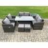 Fimous Outdoor Rattan Garden Furniture Set Patio Height Adjustable Rising lifting Dining Table Love Sofa With Side Table 2 Footstools