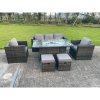 Fimous 7 Seater PE Wicker Rattan Garden Furniture Gas Fire Pit Table Gas Heater Sets Lounge Sofa Set With Chair Stools Clear Tempered Glass