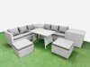 Fimous Rattan Garden Furniture Dining Set 8-seater Patio Rectangular Table 3 Seater Sofa Set with 2 Side Tables 2 Big Stools Light Grey