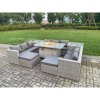 Fimous Outdoor Garden Dining Sets Rattan Furniture Gas Fire Pit Dining Table Gas Heater with 2 Side Tables 2 Big Footstools Light Grey