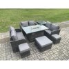 Fimous 9 Seater Outdoor Rattan Furniture Garden Dining Set Gas Fire Pit Table with Side Table Love Sofa 3 Footstools Dark Grey Mixed