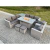 Fimous Light Grey Rattan Fire Pit Garden Furniture Set Gas Heater Burner Lounge Sofa Dining Set Coffee Table Chairs Stool
