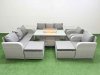Fimous PE Rattan High Back Lounge Sofa Set Patio Firepit Dining Table & Chairs Set with 3 Seater Sofa Reclining Chair 2 Big Footstool 2 Side Table Light Grey
