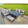 Fimous 6 Pieces Garden Furniture Set Aluminium Adjustable Rising Lifting Dining Table and Sofa Set with 2 Side Tables Big Footstool Dark Grey