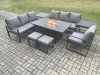 Fimous Aluminium 8 Pieces Garden Furniture Sofa Set with Cushions 9 Seater Gas Fire Pit Dining Table Set with 2 Side Tables 2 Small Footstools Dark Grey